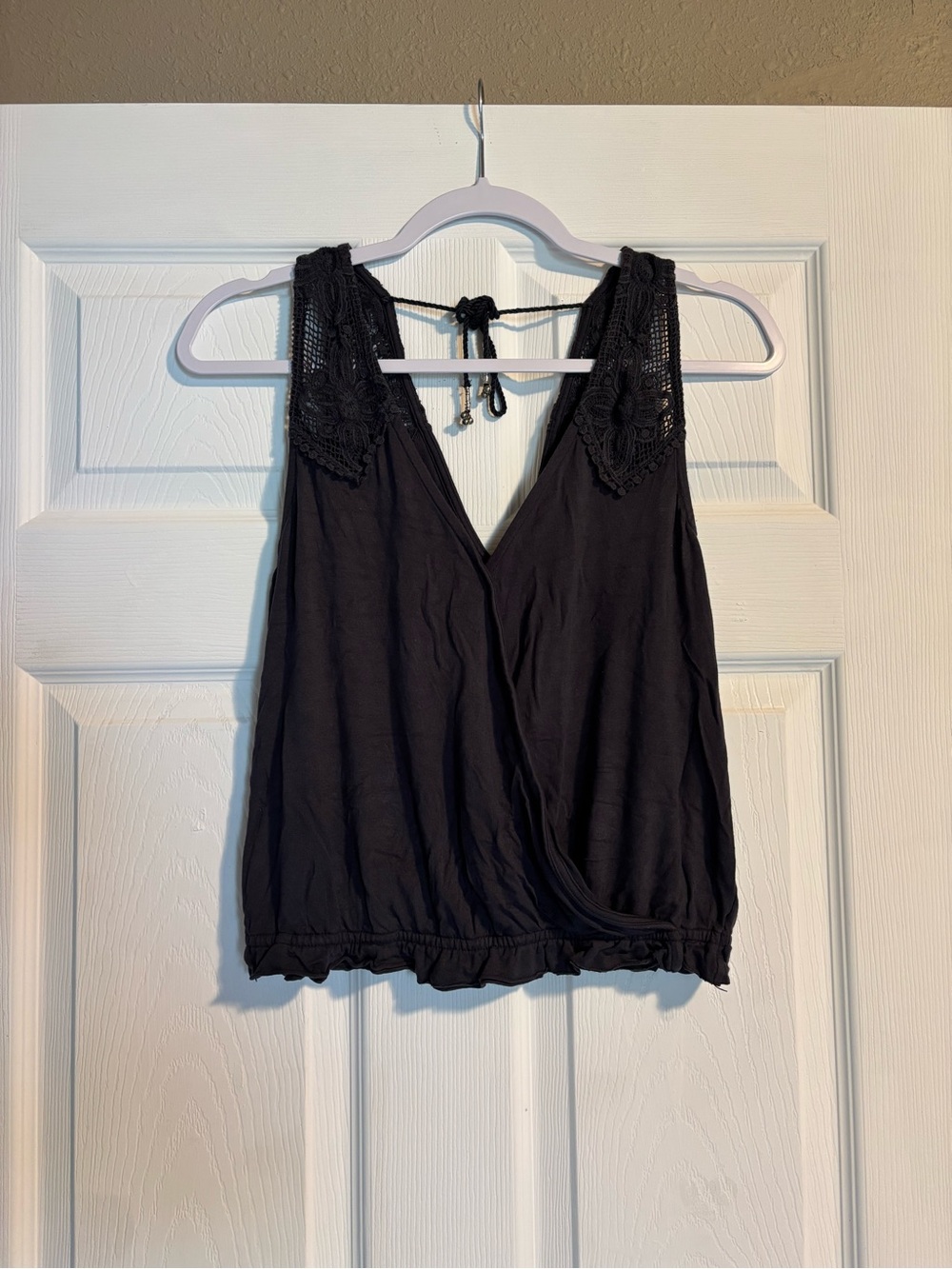 American Eagle Outfitters Black Crochet-Trim Wrap Tank Top